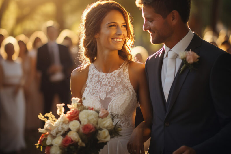 Bride and groom at the end of the ceremony on a sunny day, bride and groom leaving the wedding in white dresses. Generative AI