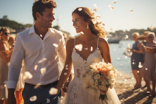 Bride and groom at the end of the ceremony on a sunny day, bride and groom leaving the wedding in white dresses. Generative AI Bride and groom at the end of the ceremony on a sunny day, bride and groom leaving the wedding in white dresses