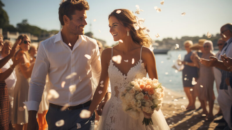 Bride and groom at the end of the ceremony on a sunny day, bride and groom leaving the wedding in white dresses. Generative AI